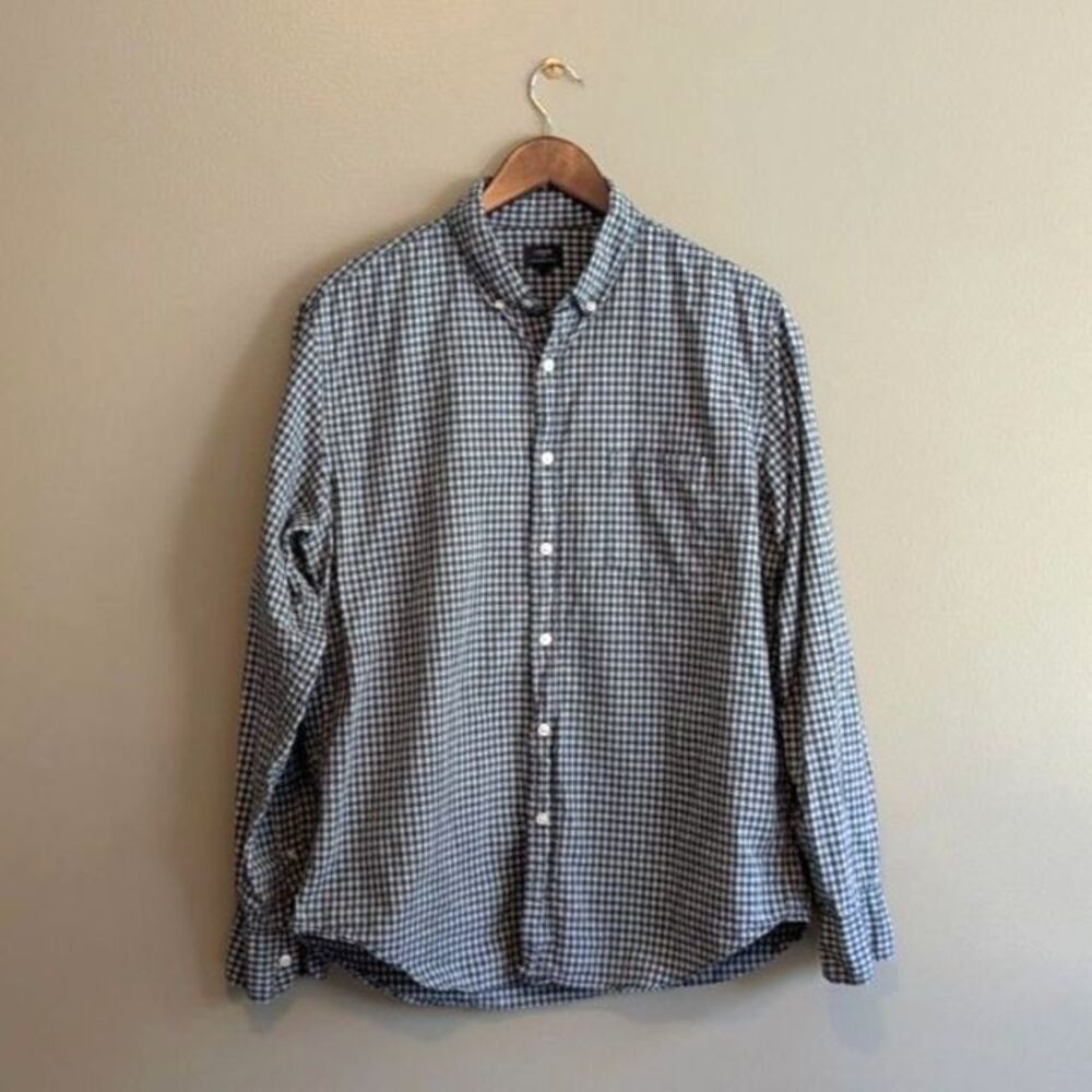 J.Crew Mens Large L Green Gray Check Dress Shirt Heathered Cotton Button Down